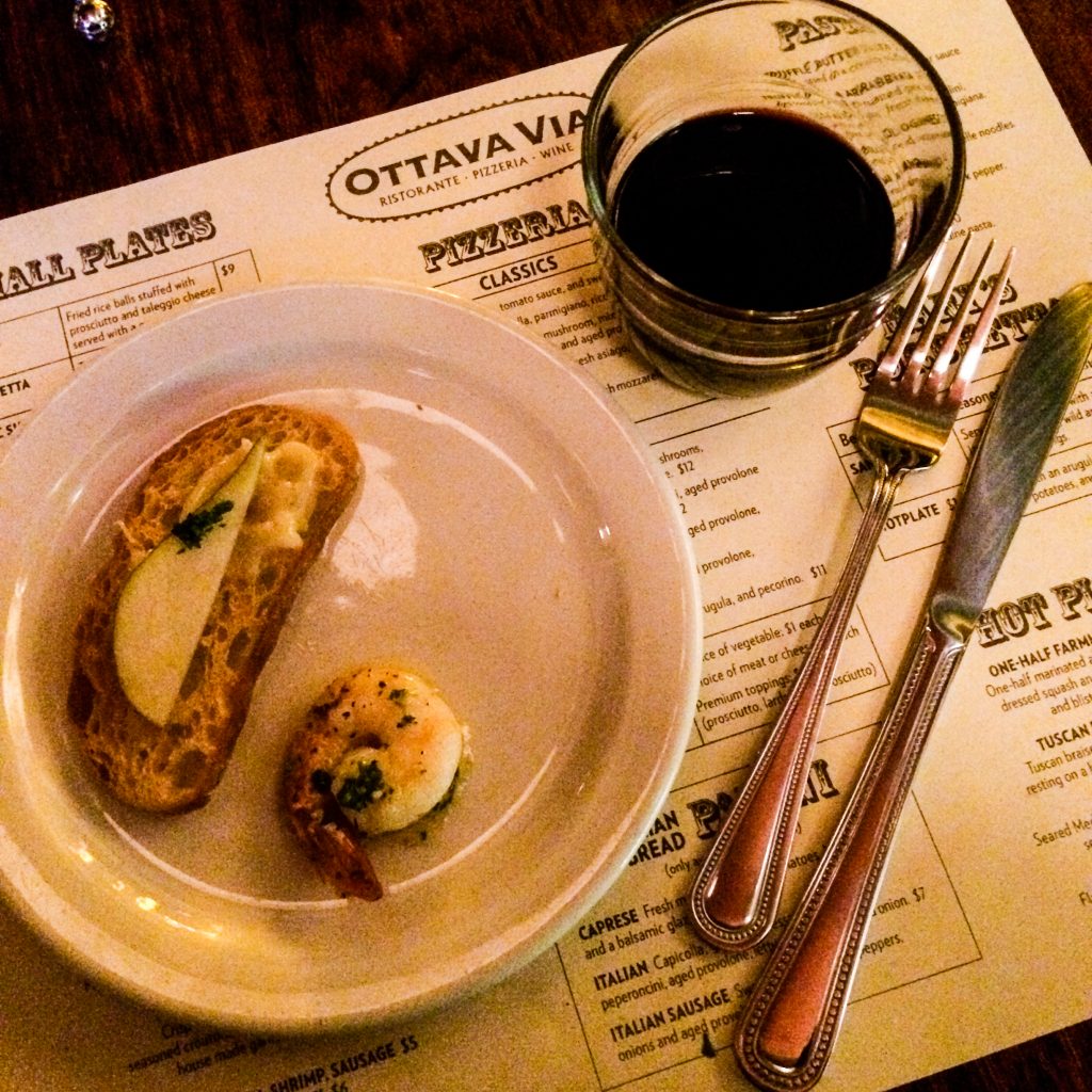 Darkhorse Cabernet Sauvignon, garlic shrimp, and pecorino cheese at Ottava Via