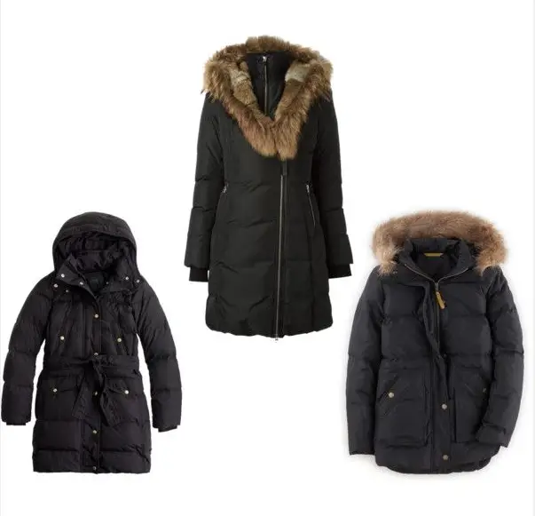 From left to right, down coats from J.Crew, Farfetch and Boden