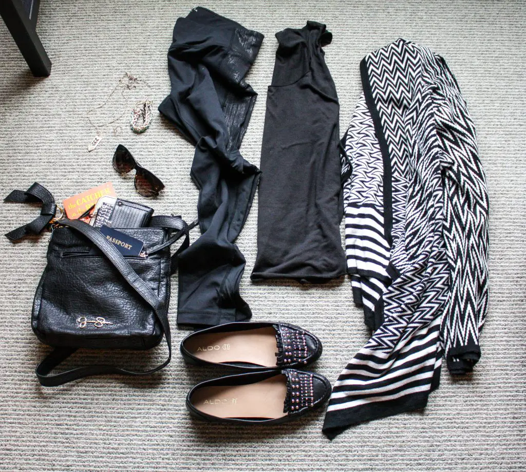 Outfit I wore to fly to Lima, Peru: Athleta leggings, American Rag black tank, INC tribal cardigan, Aldo flats, Jessica Simpson purse, Oliver Peoples sunglasses, Aldo ring and bracelet and gold chevron necklace.