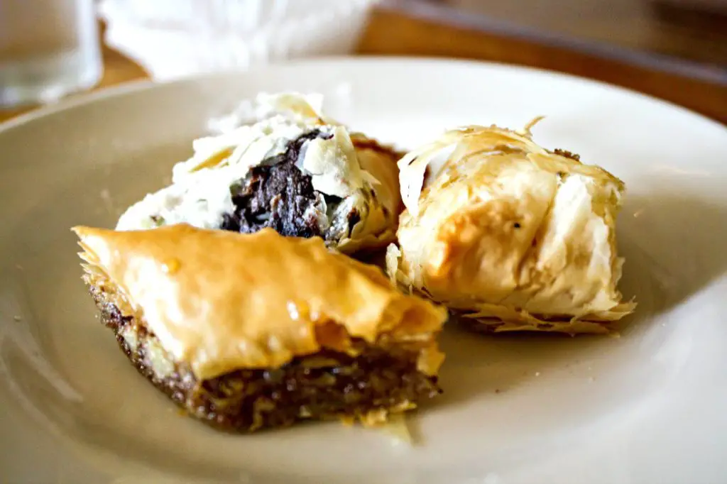 What a trio! Baklava, Lemon Cream Boughatsa (TM), and Chocolate Hazelnut Boughatsa (TM) are just heavenly. (Erin Klema/The Epicurean Traveler)