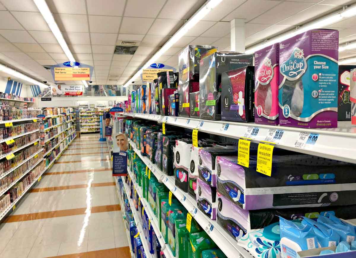 The DivaCup in the menstrual care aisle at Rite Aid 