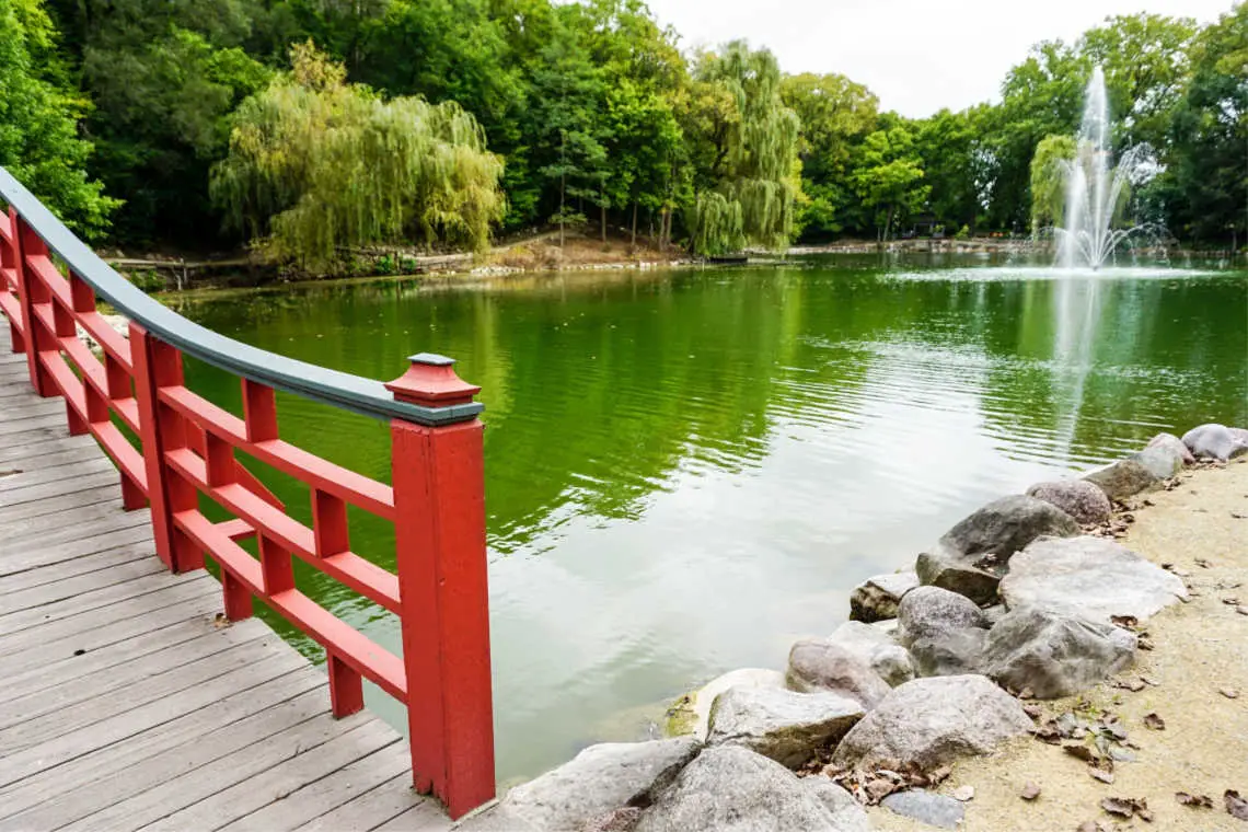 The Japanese Bridge and pond at Rotary Botanical Gardens in Janesville, Wisconsin, USA