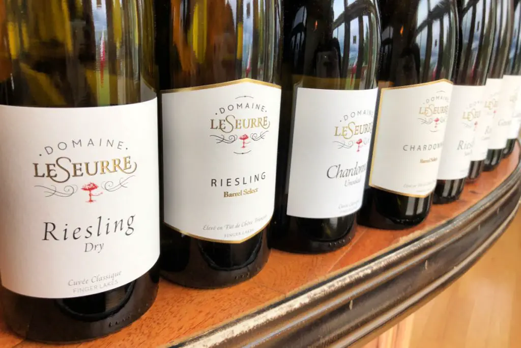 Riesling bottles at Domaine LeSeurre Winery in the Finger Lakes