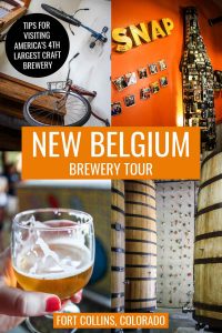 Snapshots of New Belgium Brewing Company in Fort Collins, Colorado, including bike handles hanging from wall, beer bottled artwork formed from old cameras, rock climbing wall inside brewery, and tasting glass of Saison beer
