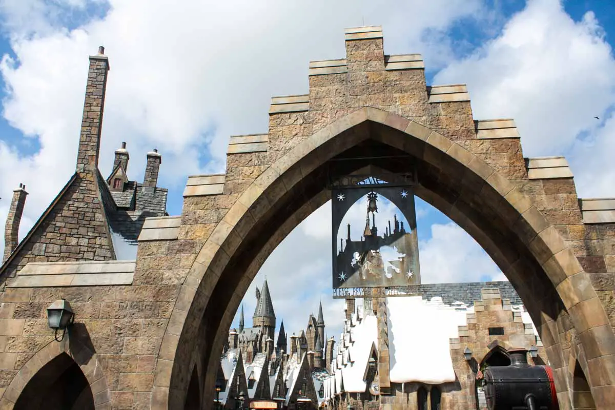 Entrance to the Wizarding World of Harry Potter - Hogsmeade at Islands of Adventure, Universal Orlando Resort, in Orlando, Florida, USA