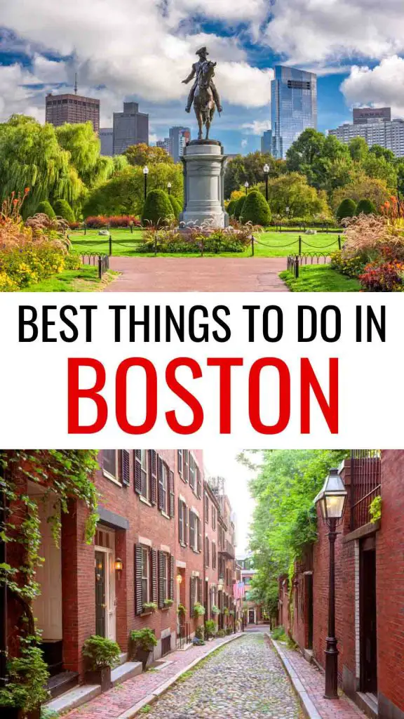 Best things to do in Boston collage with photos of Boston Public Garden and Acorn Street