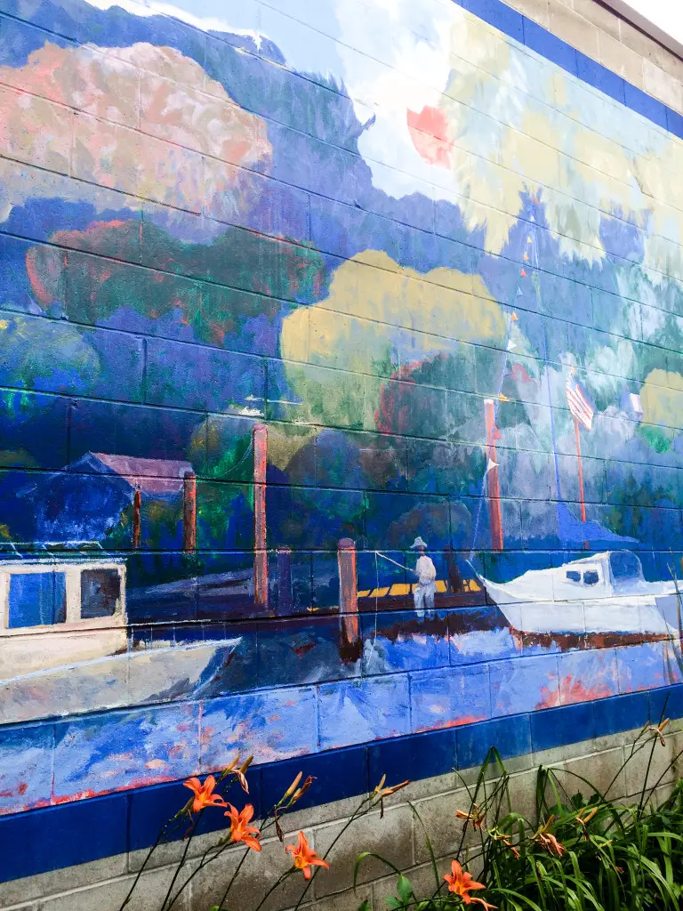 A nautical themed mural adorns a wall in artsy Saugatuck, Michigan.