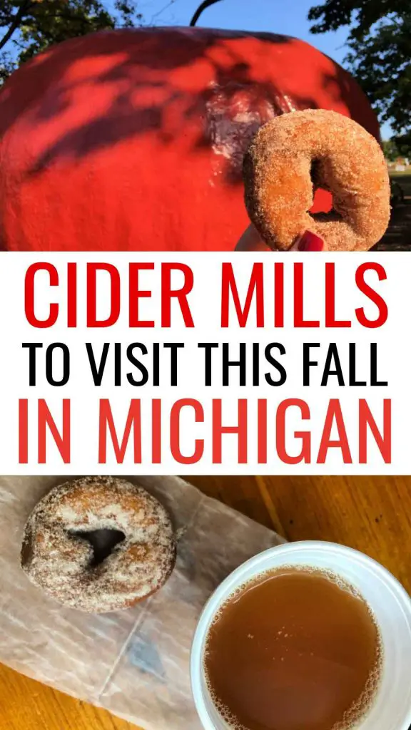 Cider mills to visit this fall in Michigan collage with doughnut in front of big red apple and cinnamon sugar donut and cup of apple cider at Robinette's Apple Haus & Winery in Grand Rapids, Michigan