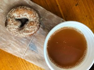 Cinnamon-sugar donut and apple cider at Robinette's Apple Haus & Winery