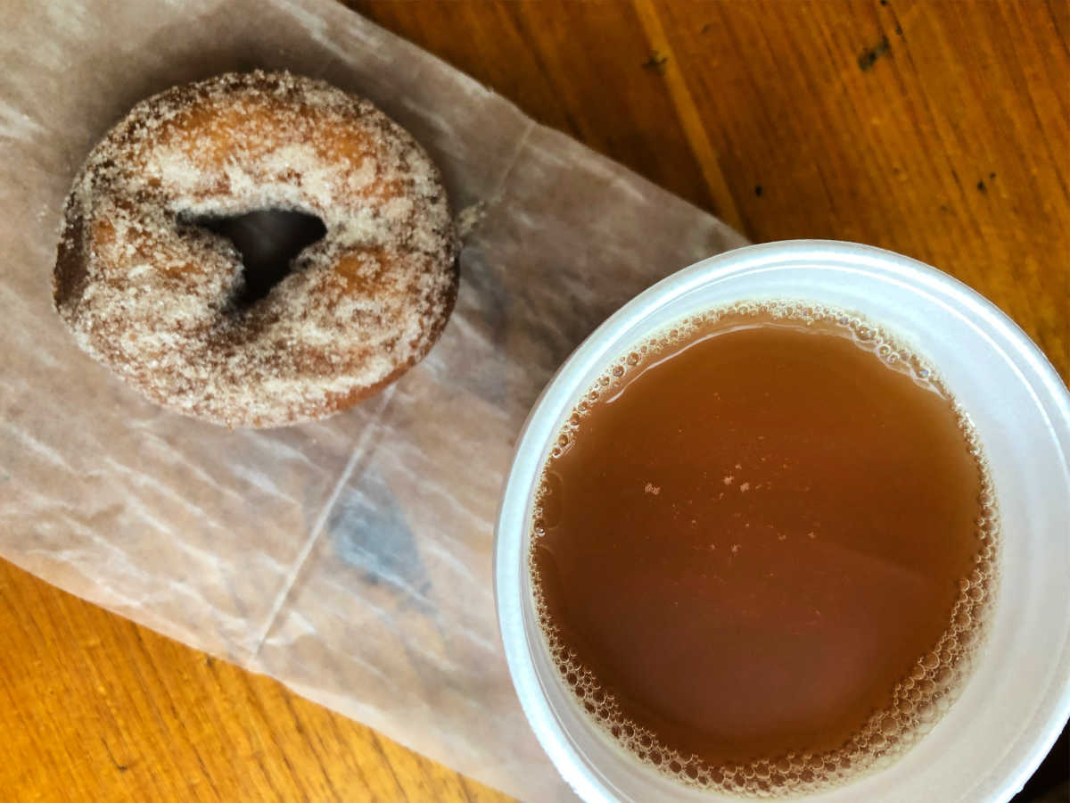 Cinnamon-sugar doughnut and apple cider