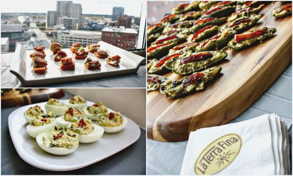 Clockwise from top left: Spicy sweet potato bites, stuffed jalapeños, and deviled eggs -- all made with a La Terra Fina dip. (Erin Klema/The Epicurean Traveler)