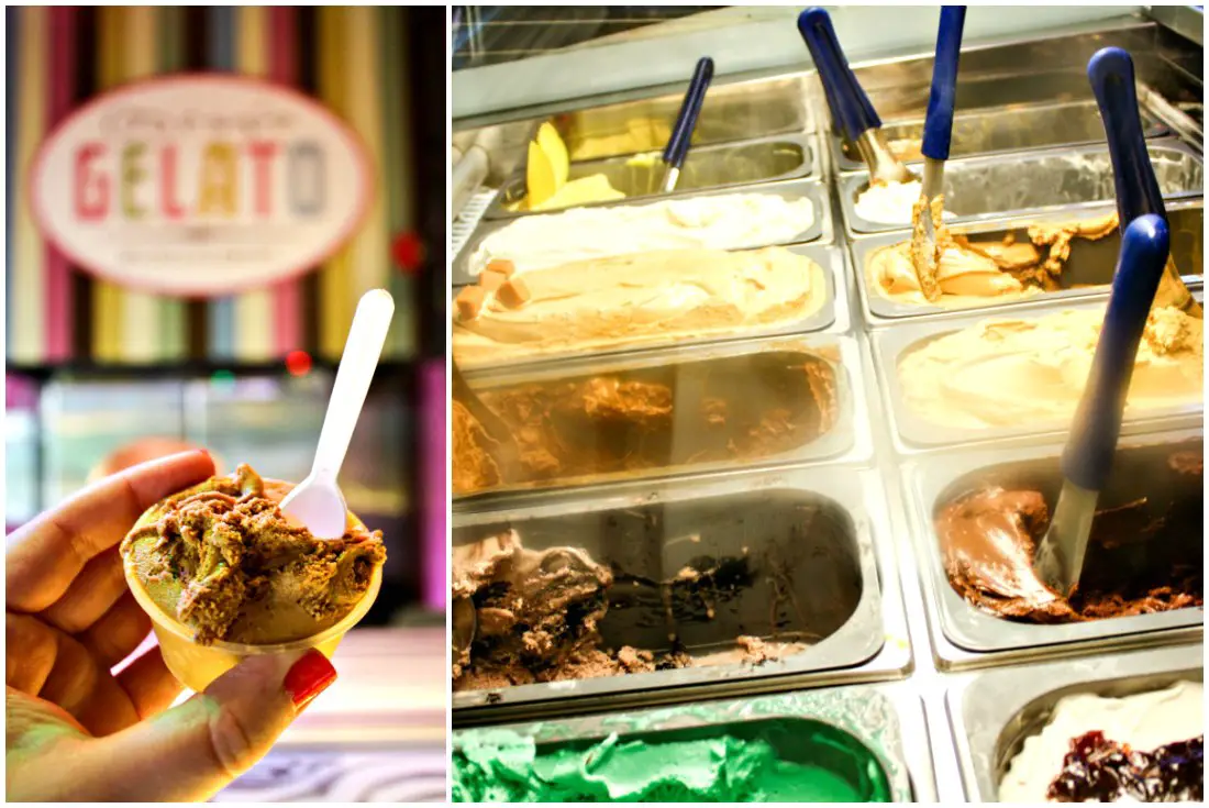 Salted caramel gelato and gelato case at Oscar's Gelato Micro-Creamery in Minneapolis, Minnesota