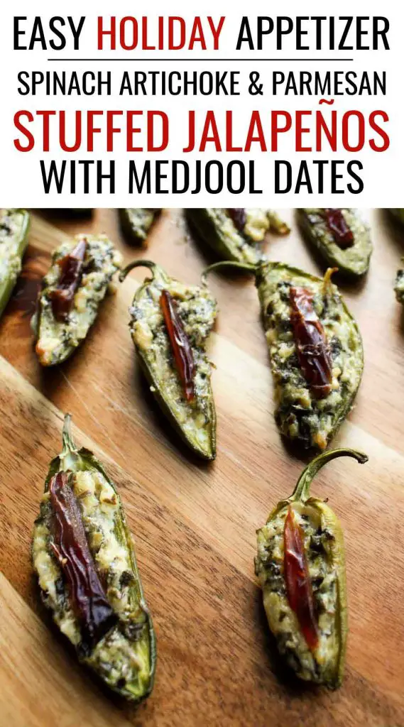 Jalapeño peppers stuffed with La Terra Fina Spinach Artichoke & Parmesan Dip & Spread and topped with Medjool dates