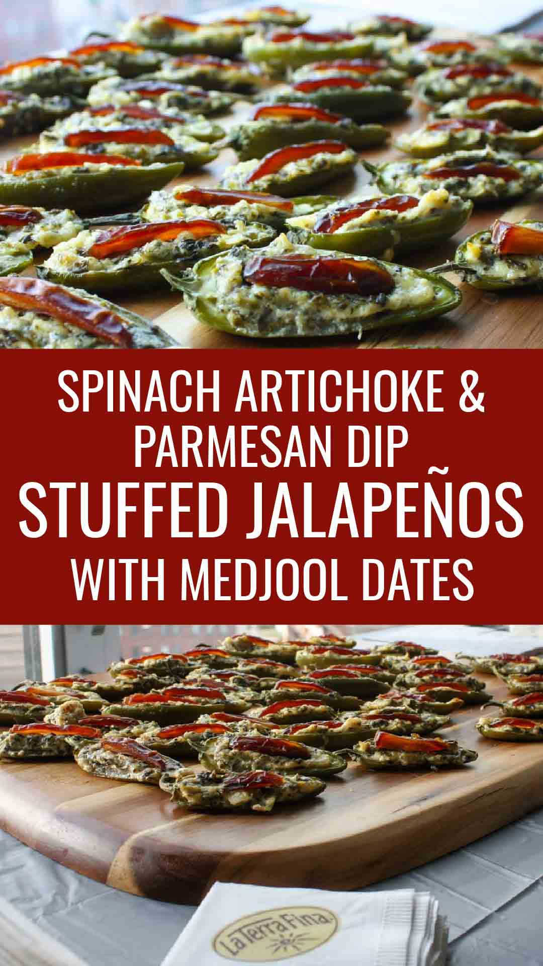 Spinach Artichoke & Parmesan Dip-stuffed jalapeño peppers with Medjool dates appetizer