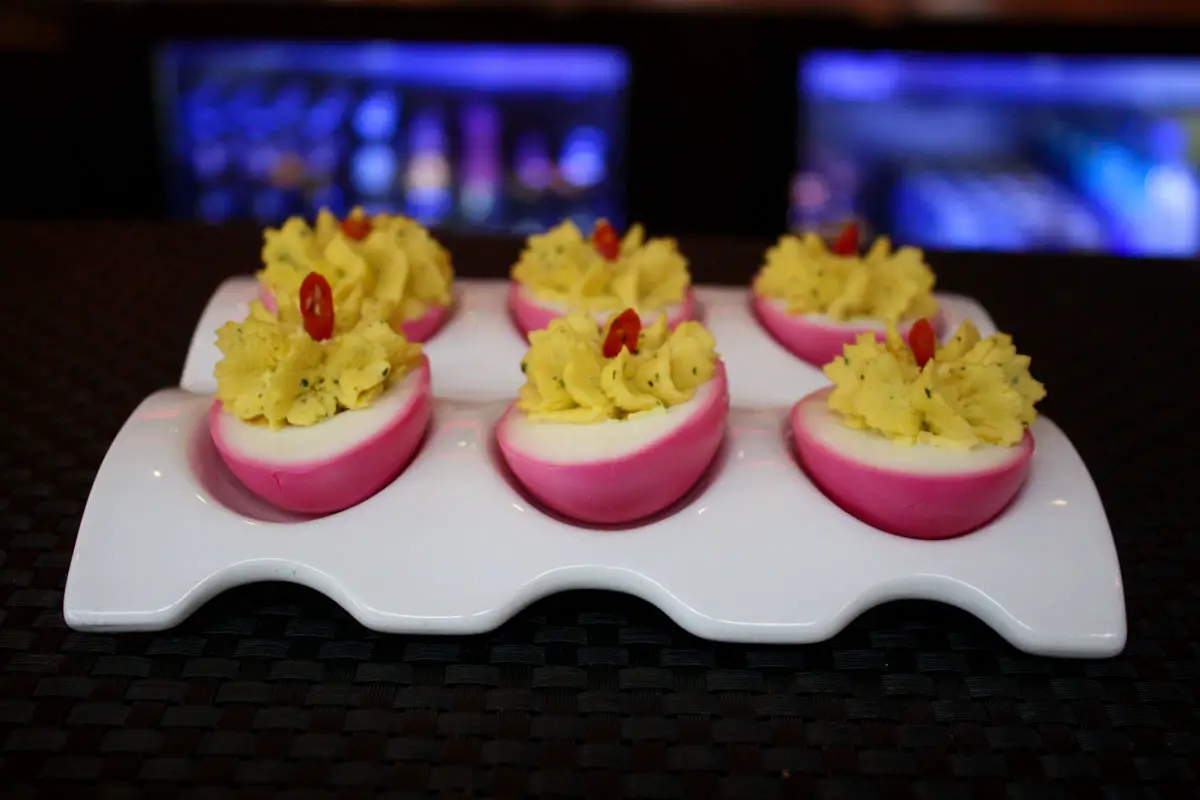 Beet Pickled Deviled Eggs at Rustic Root, a New American restaurant in the Gaslamp Quarter of San Diego, California, USA