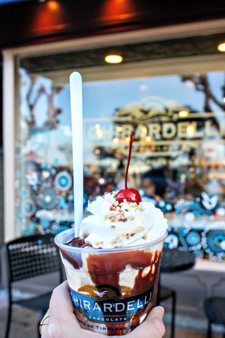 World Famous hot fudge sundae at Ghirardelli Square in San Francisco