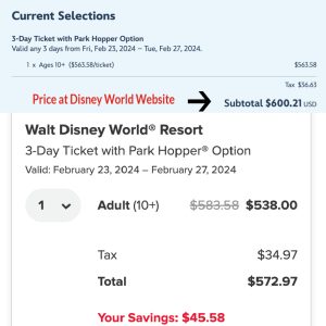 Price comparison of Disney World 3-Day Theme Park Ticket with Park Hopper Option purchased from official Walt Disney World Resort website vs CityPASS for the February 2024 Disney Princess Half Marathon weekend
