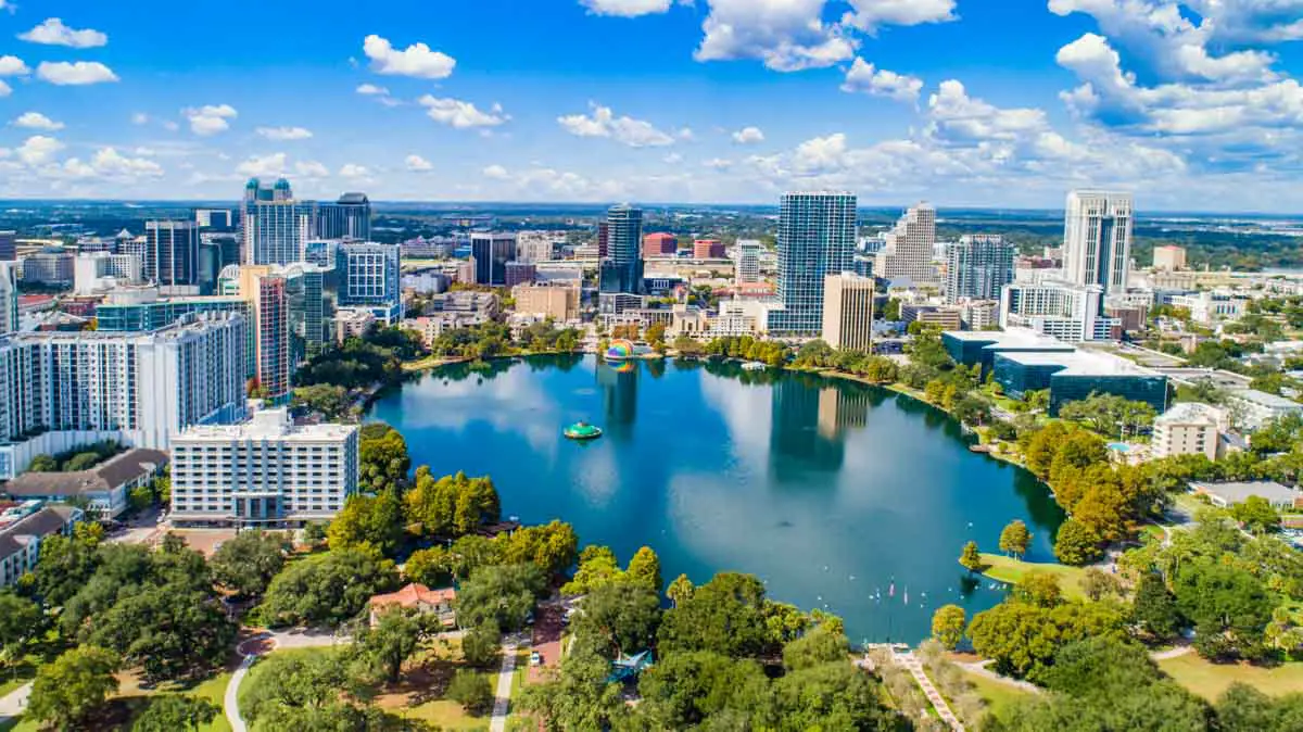 Aerial drone shot of Downtown Orlando, Florida, USA