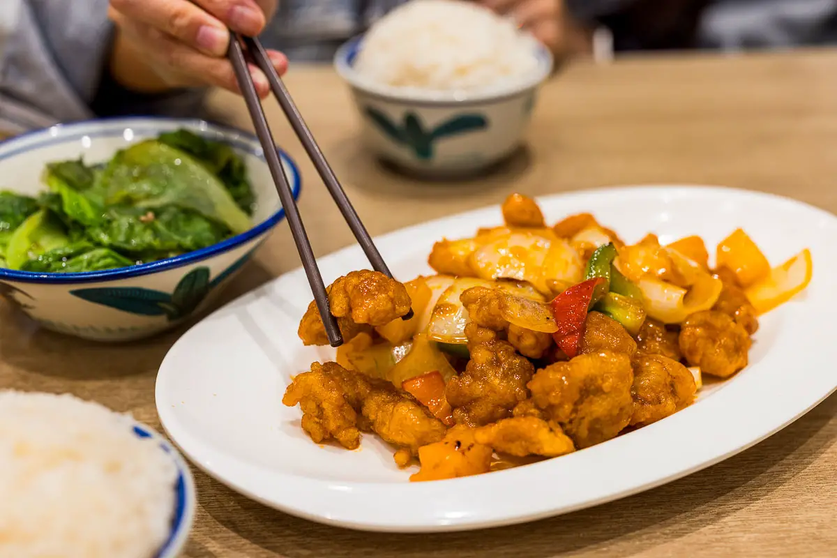 Cantonese-style sweet and sour pork at a restaurant