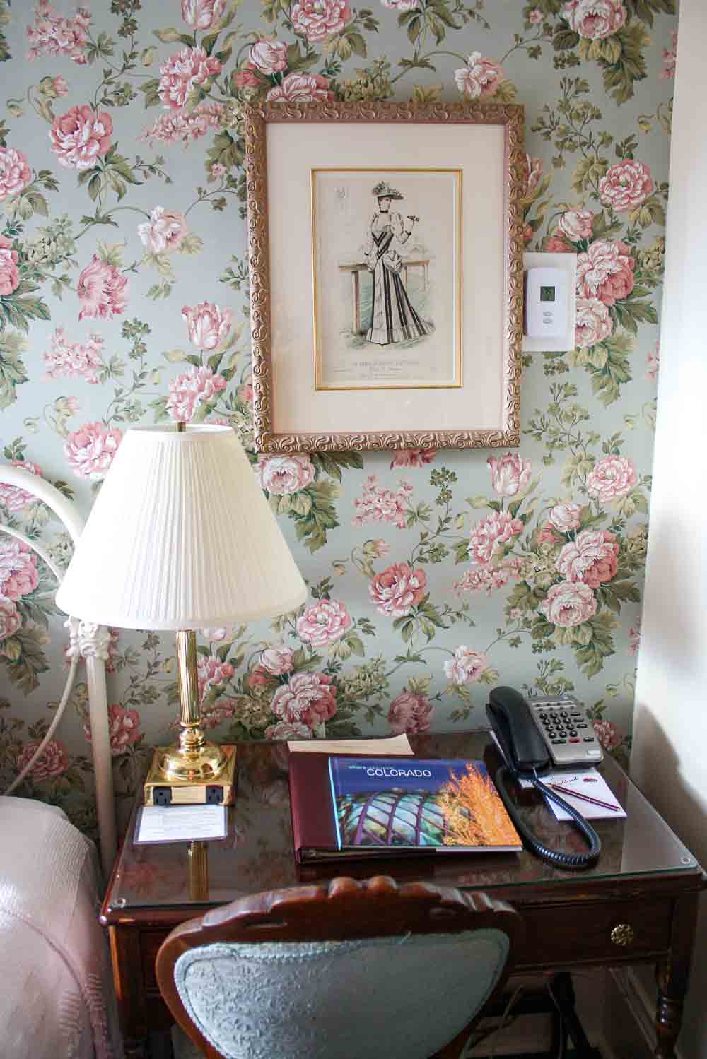 Laptop-friendly workspace in a historic guest room at the Hotel Boulderado in Boulder, Colorado, USA