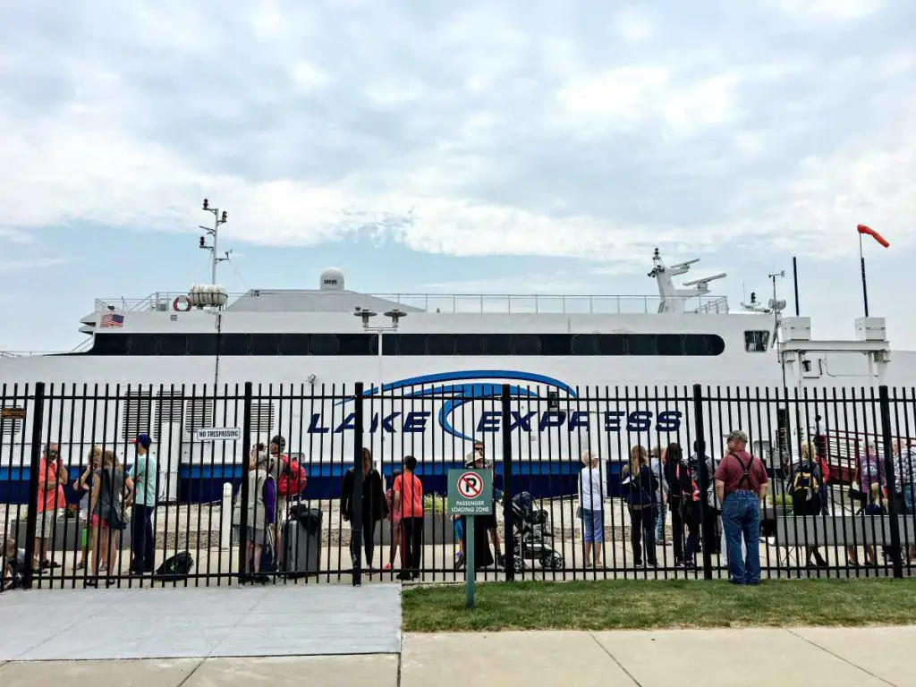 Passengers wait to board the Lake Express high-speed ferry in Milwaukee.