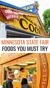 Collage image of Sweet Martha's Cookies and Pronto Pups vendors at Minnesota State Fair with text "Minnesota State Fair Foods You Must Try"