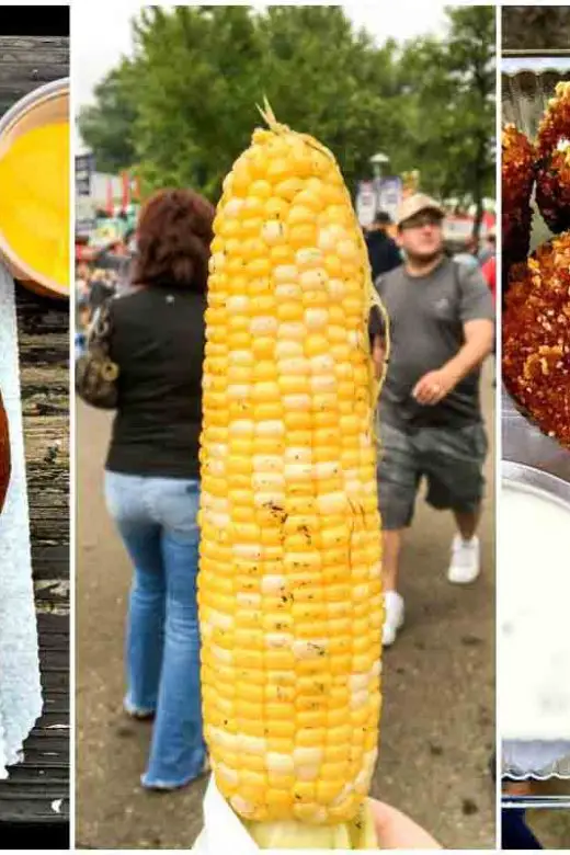 Must-try Minnesota State Fair foods collage featuring photos of soft pretzel with cheese, sweet corn on the cob, and deep-fried pickle slices with ranch dressing on the side