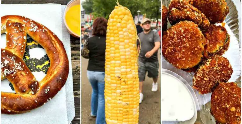 Must-try Minnesota State Fair foods collage featuring photos of soft pretzel with cheese, sweet corn on the cob, and deep-fried pickle slices with ranch dressing on the side