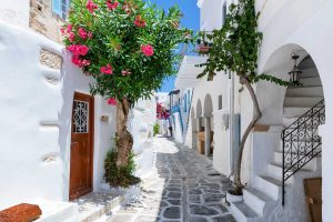 A traditional white alley with colorful Oleander flowers and colored doors in Parikia, Greece, on the Cyclades island Paros
