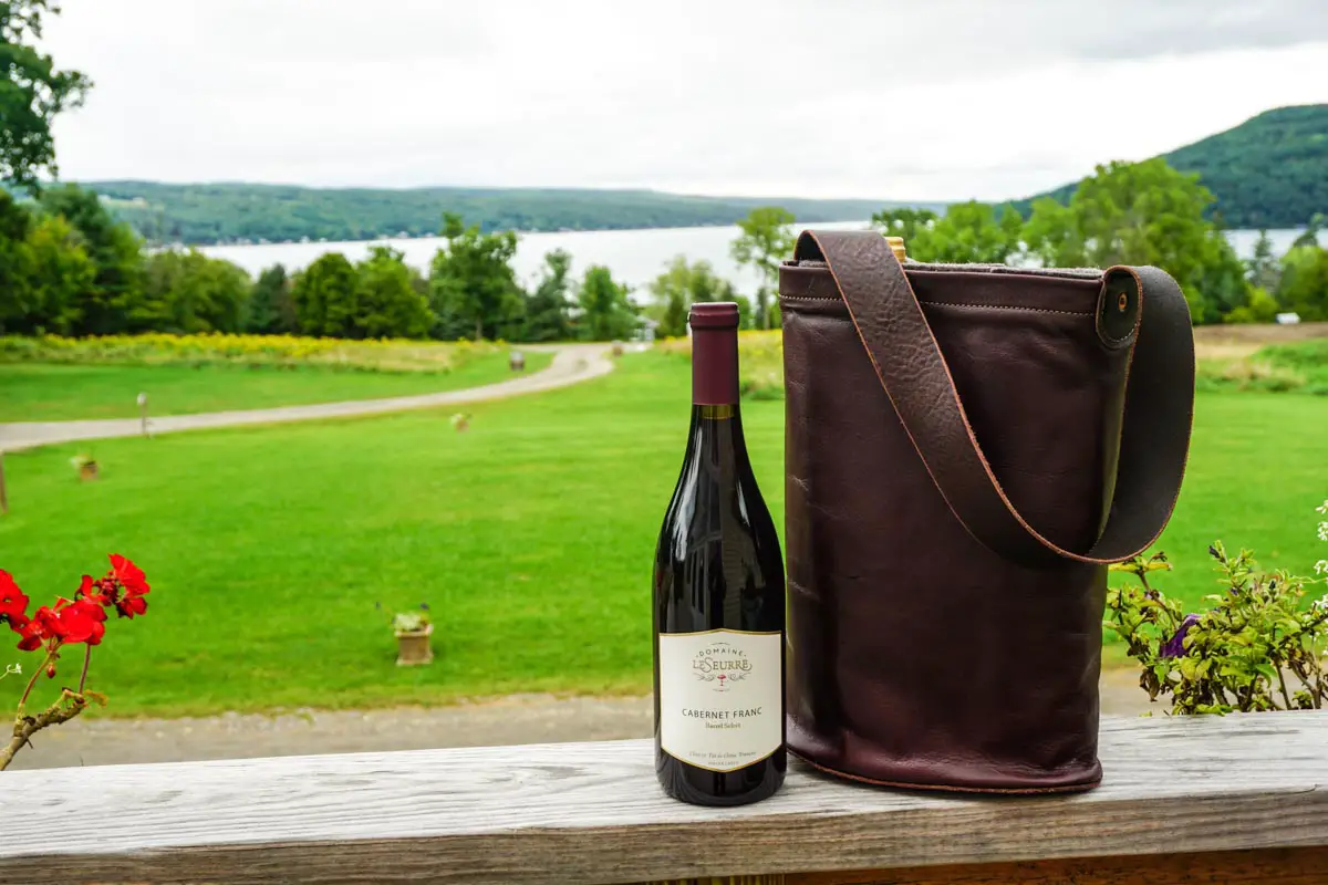 Kamen Road Leather Wine Tote protecting wine bottles while traveling through Finger Lakes wine country