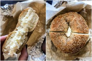 Sesame bagel with cream cheese from Brooklyn Bagel & Coffee