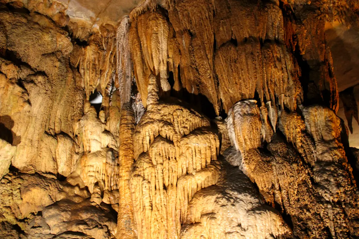 Stalactites hold tight to the ceiling, and Stalagmites grow to the ceiling from the floor at Fantastic Caverns near Springfield, Missouri