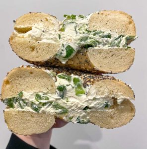 Everything bagel with scallion cream cheese from Jersey Boy Bagels Morristown in New Jersey