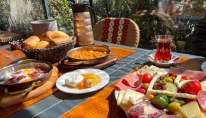 Turkish breakfast spread at Namli Gurme in Beyoğlu, Istanbul, Türkiye (Turkey)