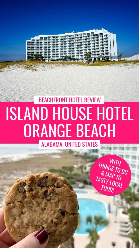 Island House Hotel Orange Beach - a DoubleTree by Hilton hotel exterior from the beach view and a chocolate chip walnut cookie held in woman's hand with hotel and pool in background