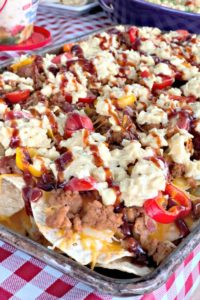 BBQ Bacon Cheeseburger Nachos topped with Reser's Stadium Cole Slaw by Art From My Table #sponsored #slawsocial #ResersInGR #LetsEat #nachos #coleslaw
