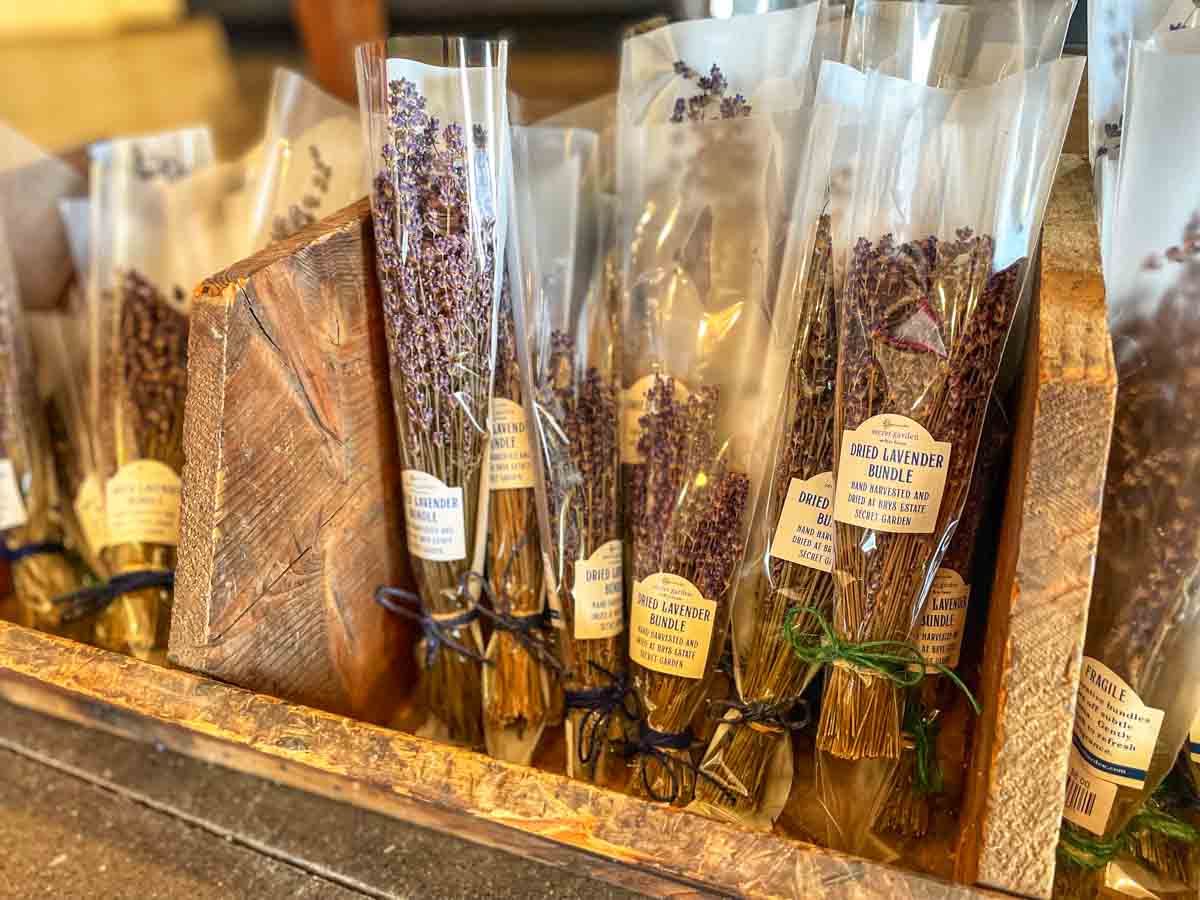 Dried lavender bundles for sale in the Secret Garden at Brys Estate gift shop in Traverse City, Michigan 