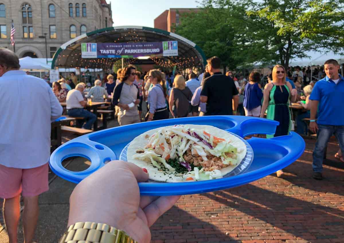 Taco on a blue plate at the Taste of Parkersburg food and wine festival in Parkersburg, West Virginia, USA