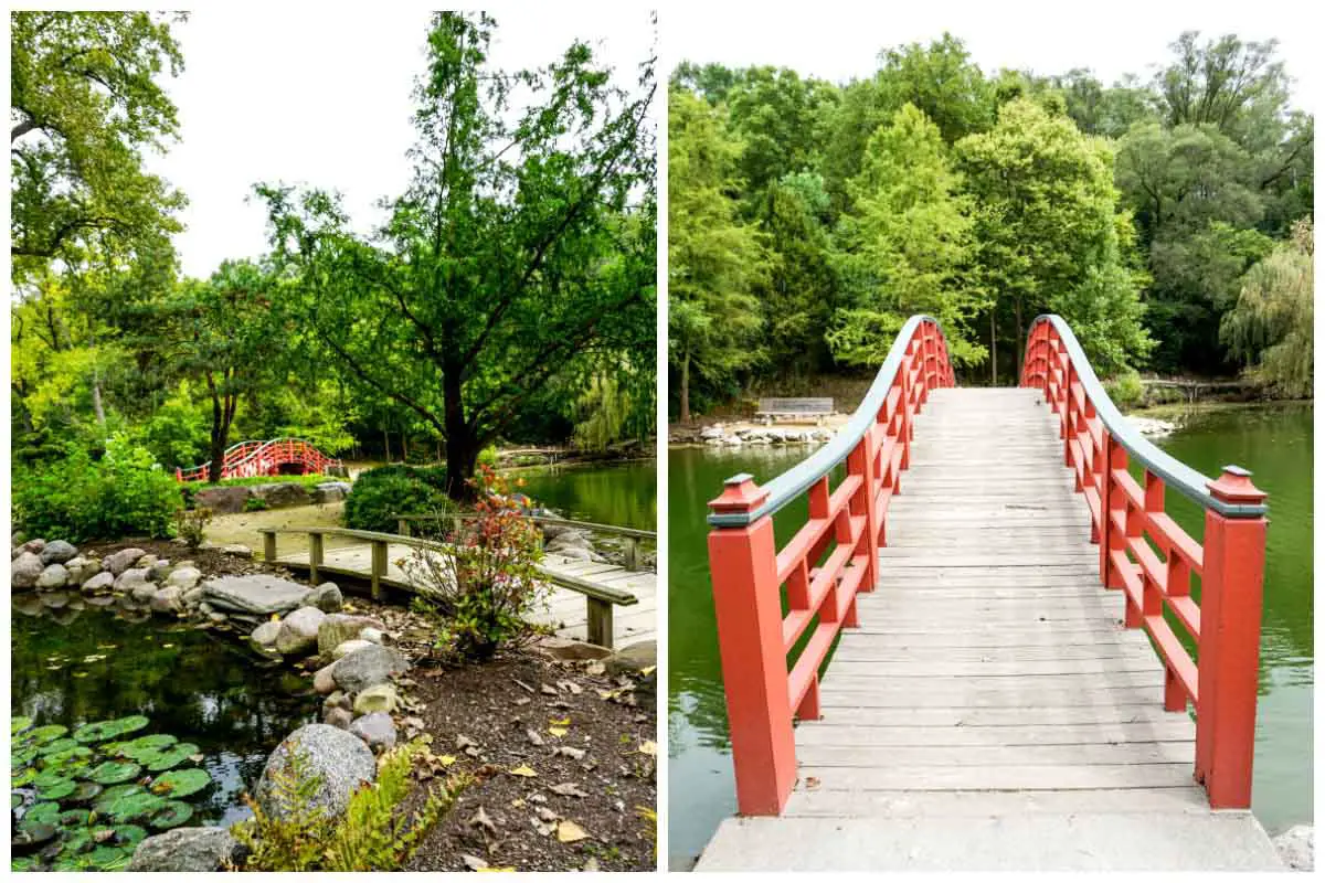 Japanese bridge and garden at Rotary Botanical Gardens in Janesville, Wisconsin, USA