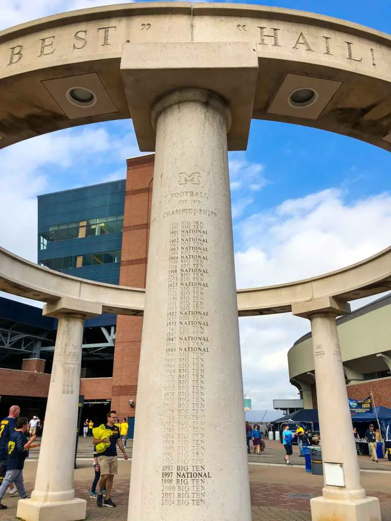 List of the University of Michigan football team's championship titles on the Circle of Champions (Varsity Colonnade) monument near Michigan Stadium and Crisler Center in Ann Arbor, Michigan, USA
