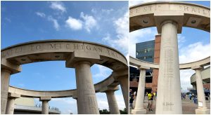 At the southeast entrance of Michigan Stadium is the "Circle of Champions (Varsity Colonnade)" monument where team names and their championship titles have been etched into the columns. #sponsored #ErinInAnnArbor #AnnArbor