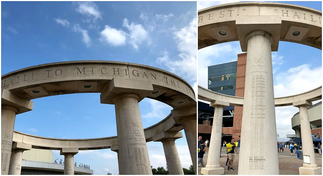 At the southeast entrance of Michigan Stadium is the "Circle of Champions (Varsity Colonnade)" monument where team names and their championship titles have been etched into the columns. #sponsored #ErinInAnnArbor #AnnArbor