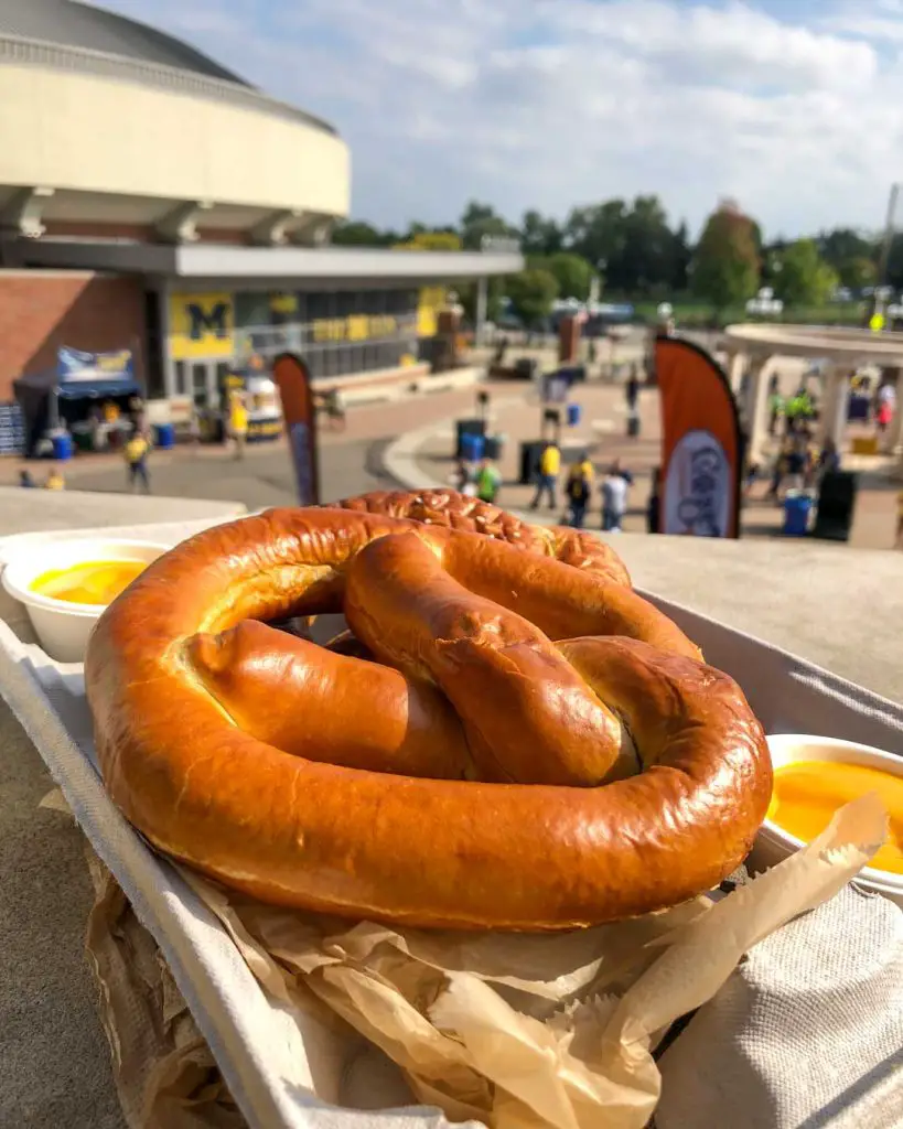 Soft pretzels with cheese from the concessions at Michigan Stadium in Ann Arbor, Michigan