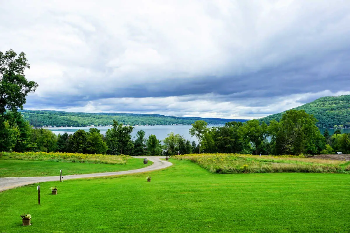 The view of Keuka Lake from winery Domaine Le Seurre in the Finger Lakes wine country of New York