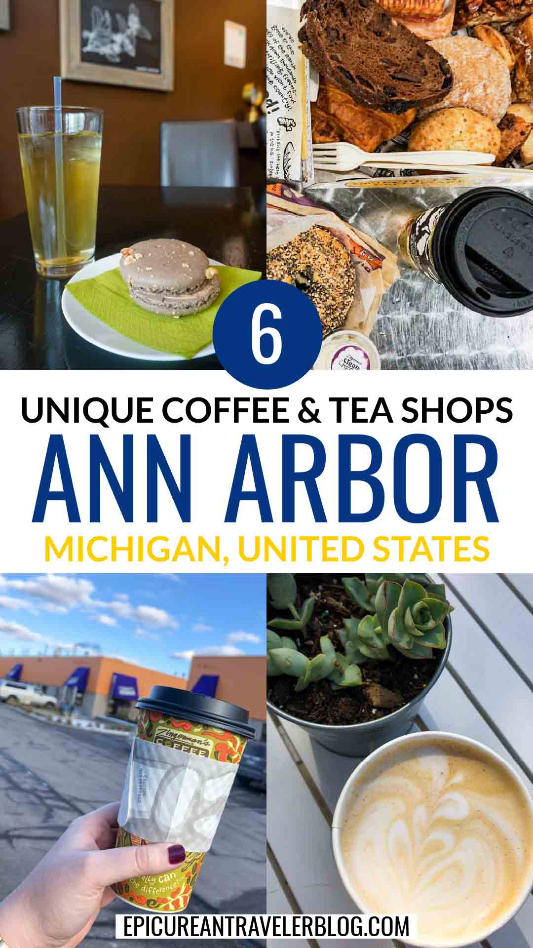 Collage of unique coffee shops and tea shops in Ann Arbor, Michigan, USA