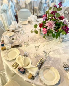 Wedding reception table set up in the Atrium Ballroom at Weber's Boutique Hotel in Ann Arbor, Michigan, USA