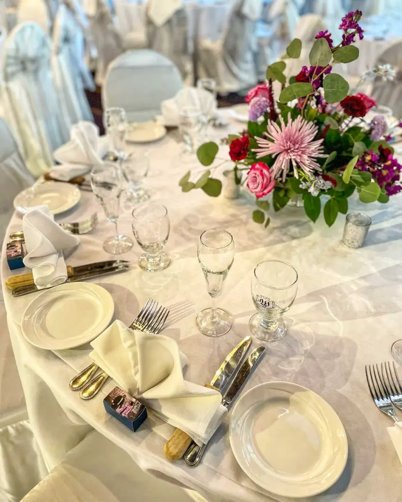 Wedding reception table set up in the Atrium Ballroom at Weber's Boutique Hotel in Ann Arbor, Michigan, USA