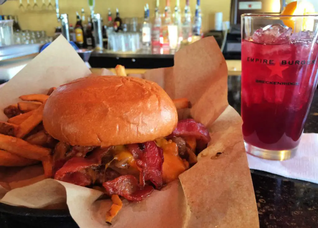 Western Burger with fries and sangria at Empire Burger in Breckenridge, Colorado, USA