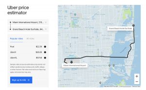 Screenshot of Uber pricing for a ride from Miami International Airport (MIA) to Grand Beach Hotel Surfside