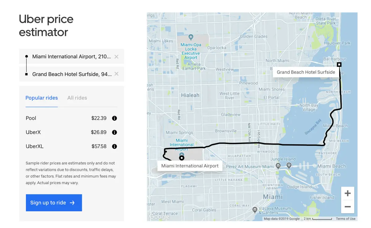 Screenshot of Uber pricing for a ride from Miami International Airport (MIA) to Grand Beach Hotel Surfside